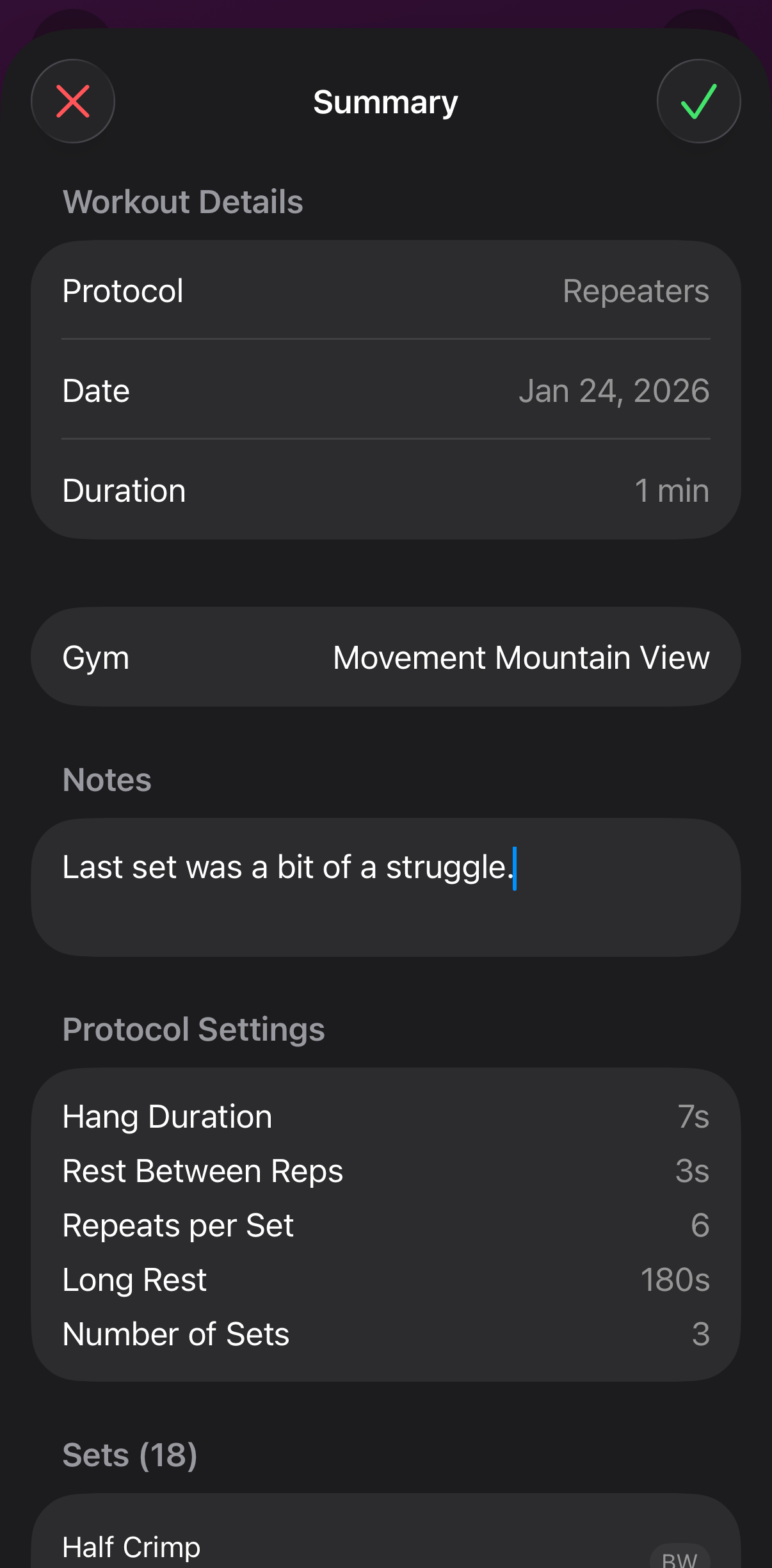 Screenshot:  Workout summary with completion stats