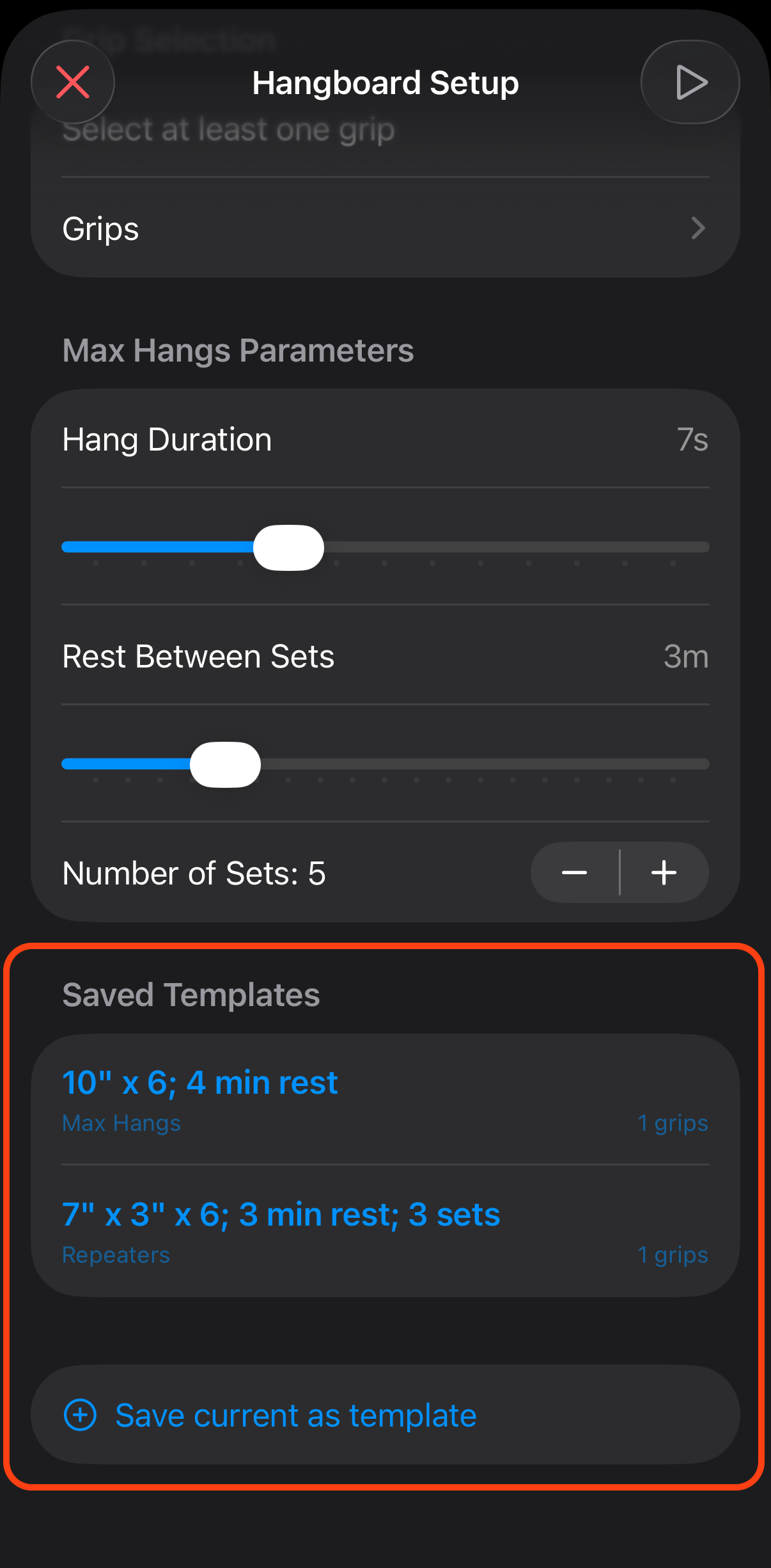Screenshot: Hangboard protocol templates