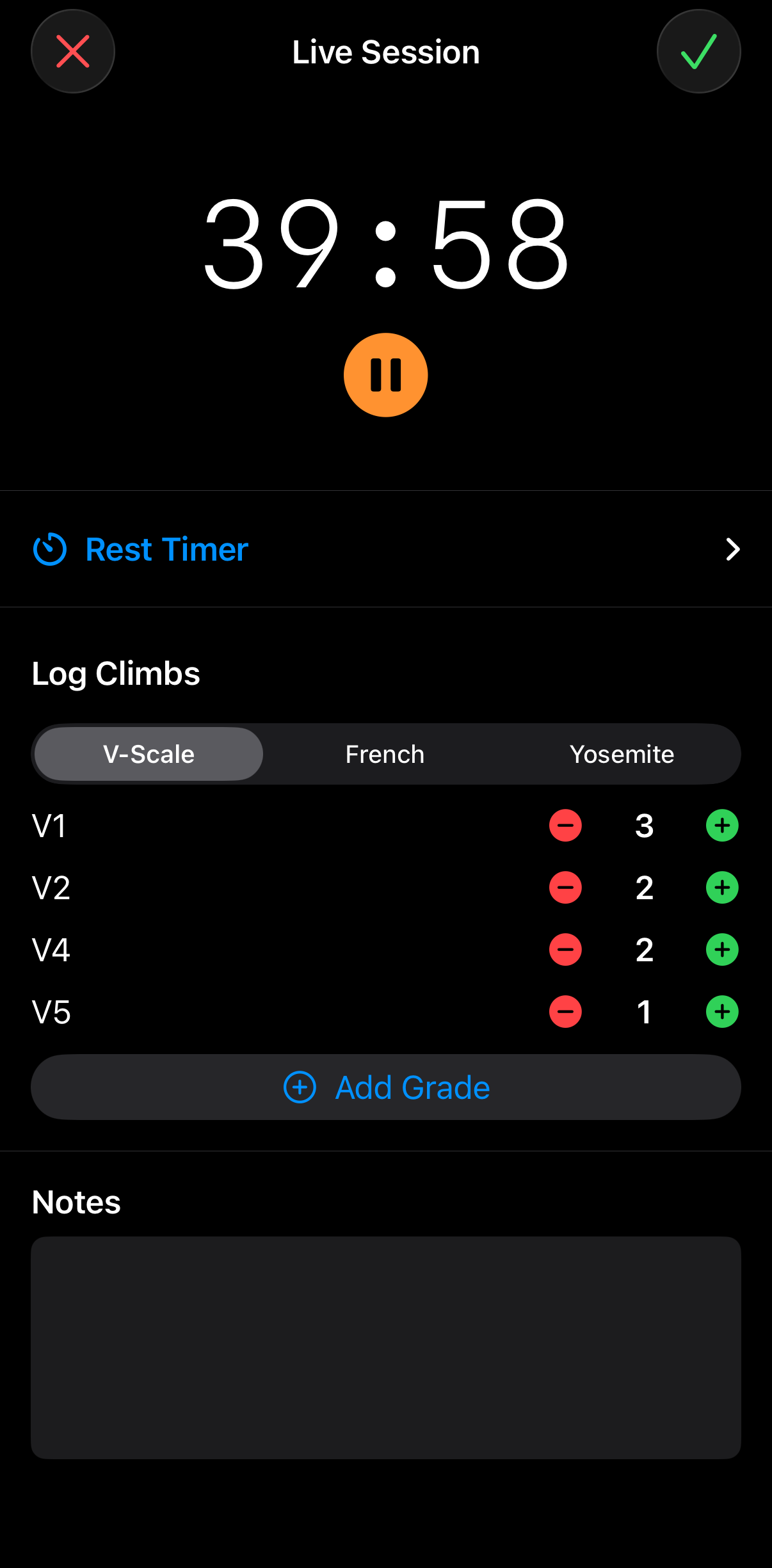 Screenshot: Live session with grade picker